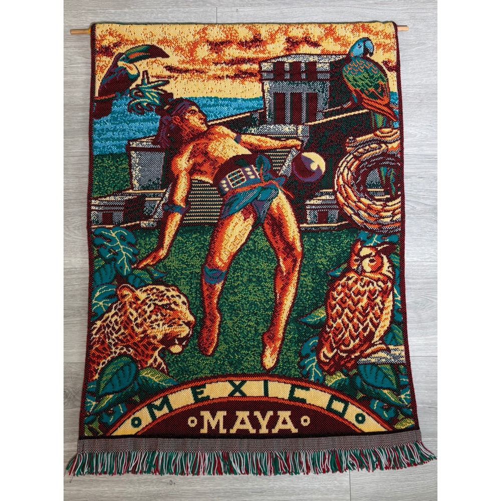 Vintage Mexico Maya Woven Tapestry Wall Hanging Jaguar Toucan Folk Art 26x36
